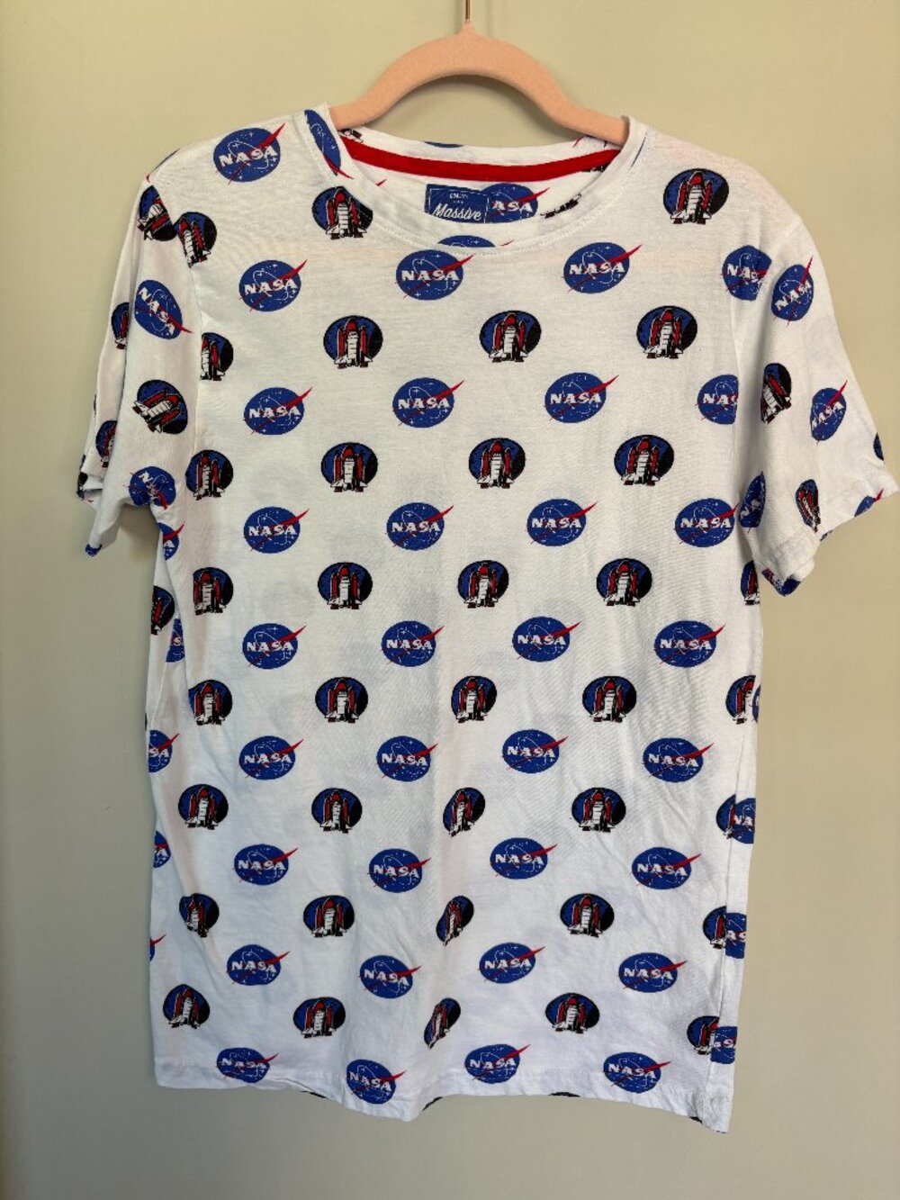 NASA Graphic T Shirt Womens Small White Space Shuttle All Over Print Tee Massive